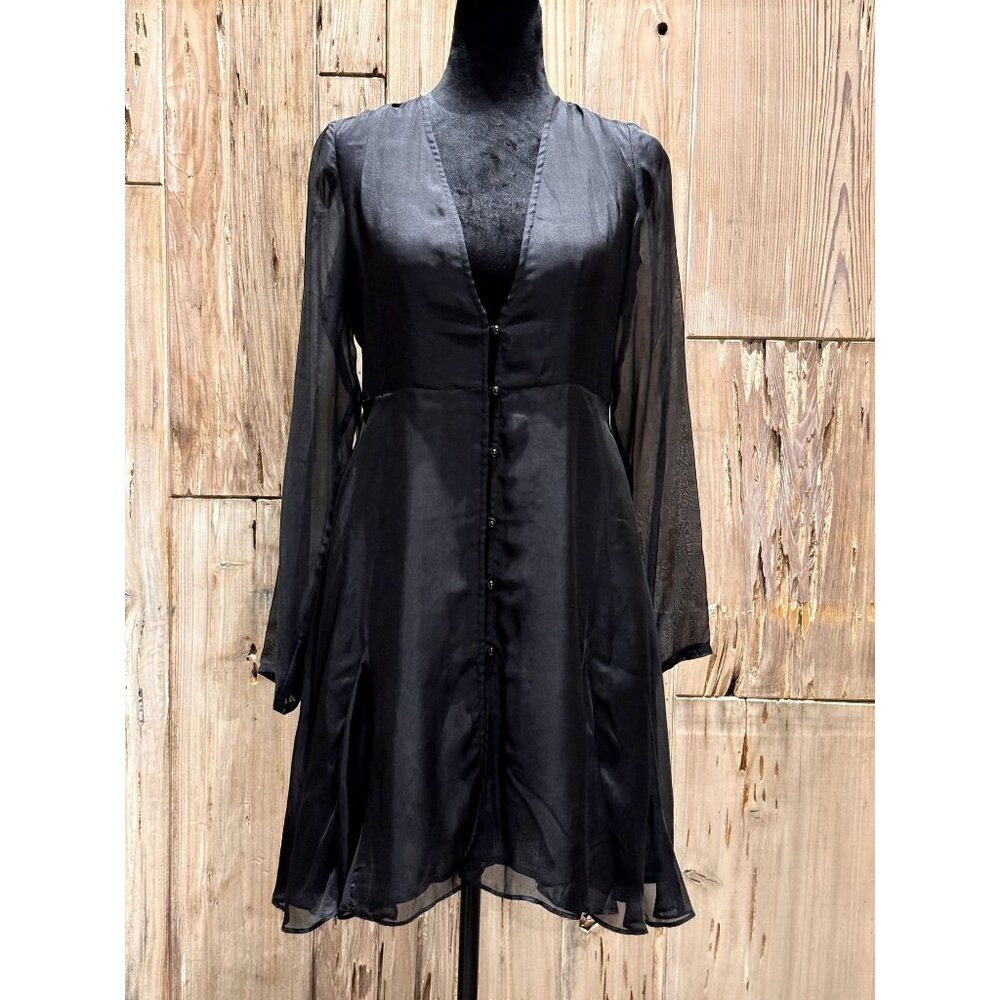 LURELLY WOMEN'S 100% SILK ASYMMETRIC FRONT BUTTON CLOSURE LONG-SLEEVE SHIRT DRES